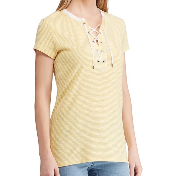 Striped Tee With Lace Up Placket - Picture 1 of 11